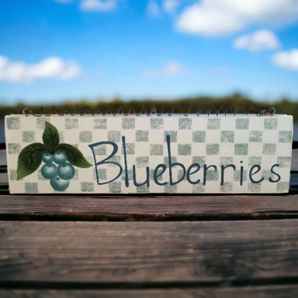 Wall Sign Blueberries Wooden Checkered Pattern Blue White Wire Hanging